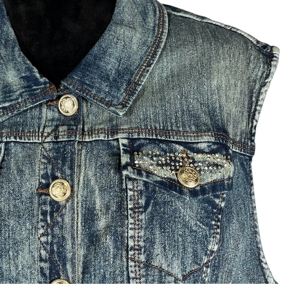 Studded Denim Vest Western Rhinestone Biker Moto Back in the Saddle Americana - Picture 8 of 8